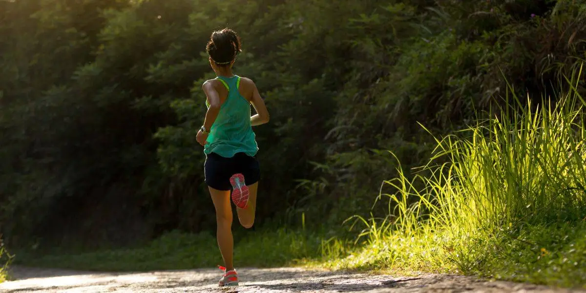 Corredora a fazer exercício pela manhã correndo por um caminho na natureza para promover a flexibilidade metabólica Corredora a fazer exercício pela manhã correndo por um caminho na natureza para promover a flexibilidade metabólica
