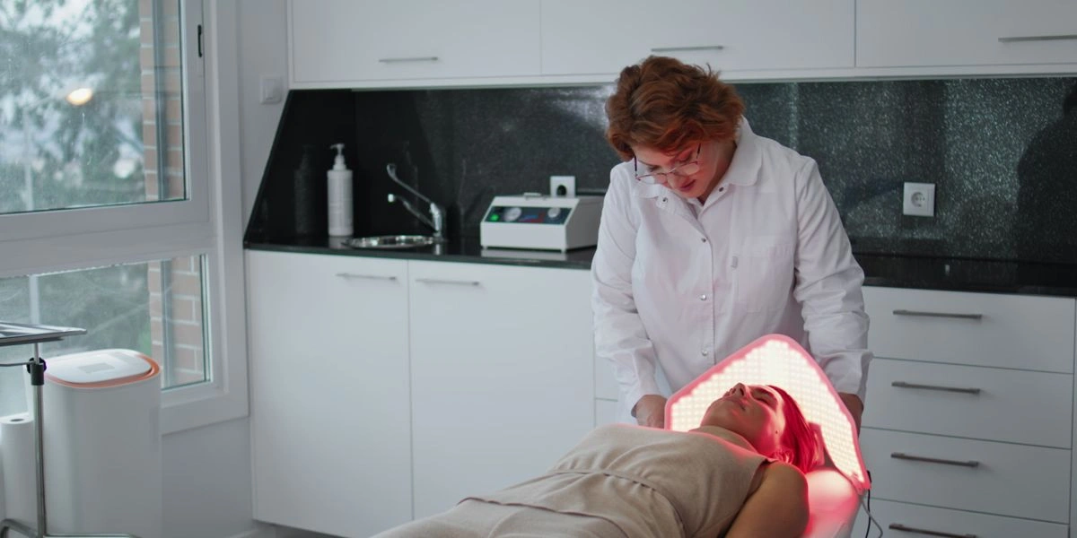 Mulher a receber uma sessão de terapia com luz vermelha numa clínica Mulher a receber uma sessão de terapia com luz vermelha numa clínica
