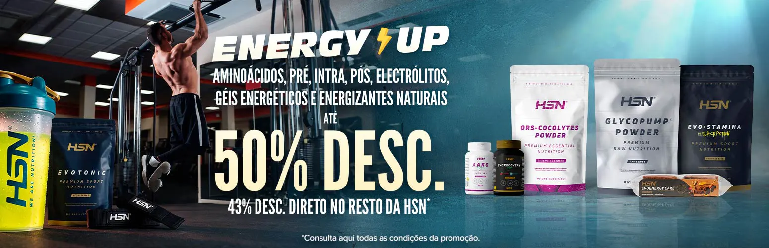 At&eacute; 50% Desc. em Amino&aacute;cidos, Pr&eacute;, Intra, P&oacute;s, Electr&oacute;litos, G&eacute;is Energ&eacute;ticos e Energizantes Naturais